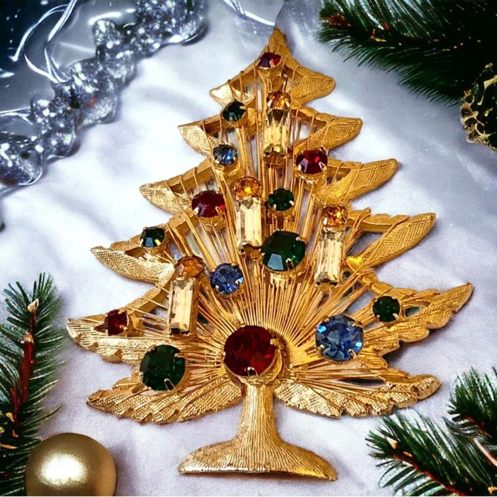 Brooks Christmas Tree Pin Brooch Vtg Goldtone Harp Rhinestones Candles Signed